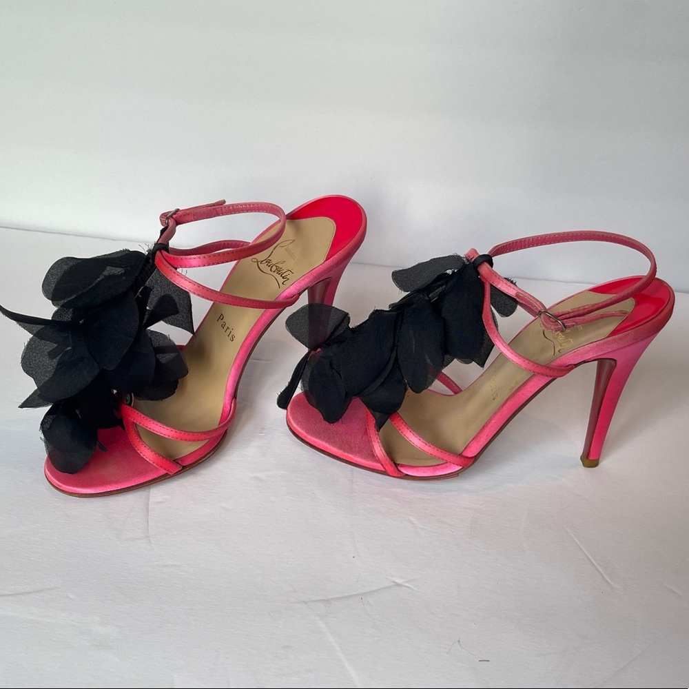 Christian Louboutin Pink/Black Satin Mount Street T-Strap Sandals Size 36